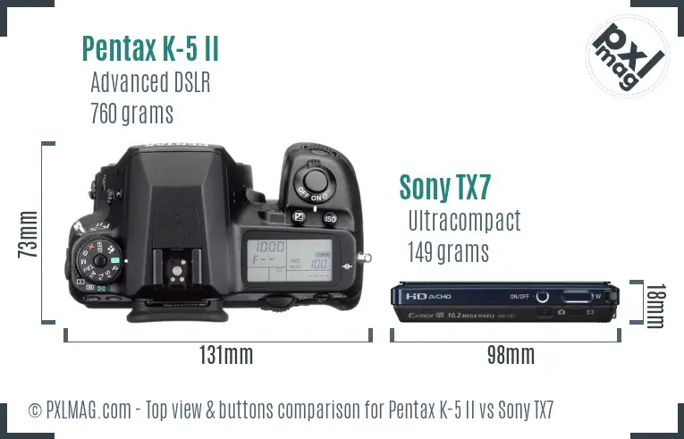 Pentax K-5 II vs Sony TX7 top view buttons comparison