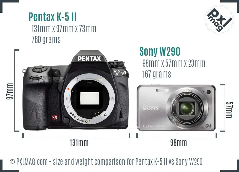 Pentax K-5 II vs Sony W290 size comparison