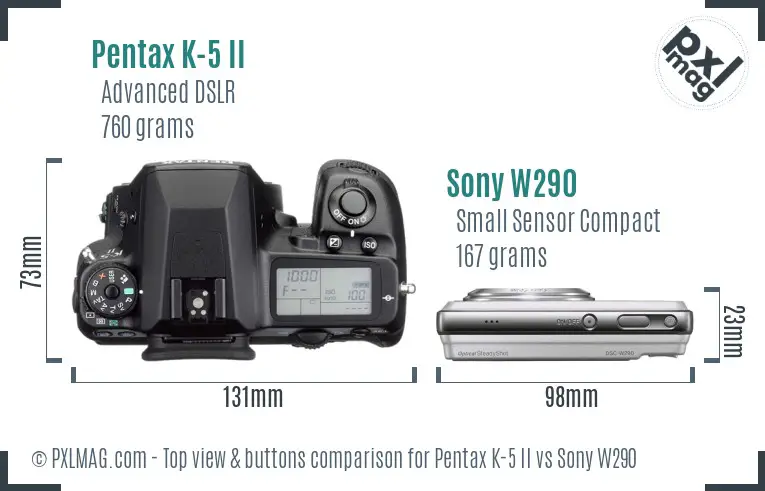 Pentax K-5 II vs Sony W290 top view buttons comparison