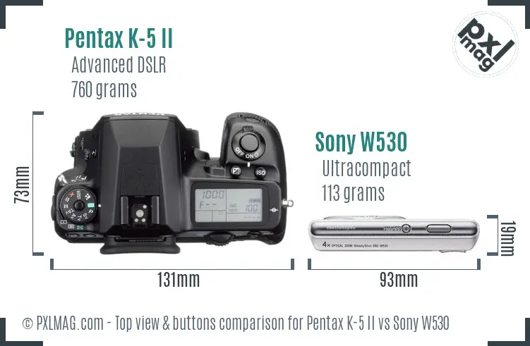 Pentax K-5 II vs Sony W530 top view buttons comparison