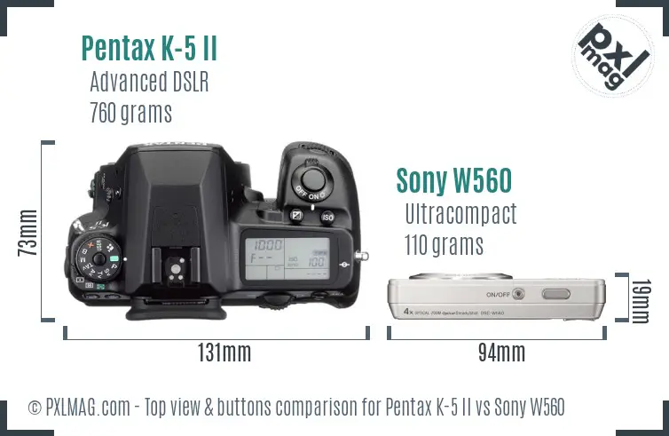 Pentax K-5 II vs Sony W560 top view buttons comparison Pentax K-5 II vs Sony W560 top view buttons comparison