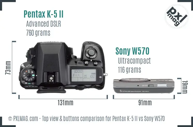 Pentax K-5 II vs Sony W570 top view buttons comparison Pentax K-5 II vs Sony W570 top view buttons comparison