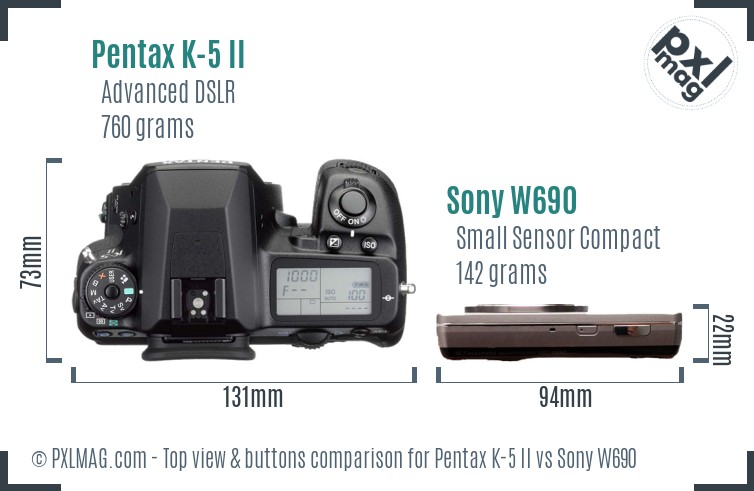Pentax K-5 II vs Sony W690 top view buttons comparison