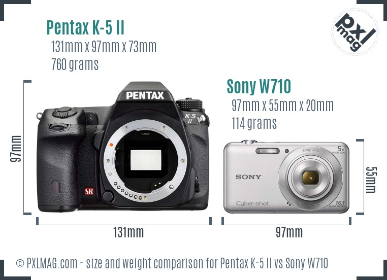 Pentax K-5 II vs Sony W710 size comparison