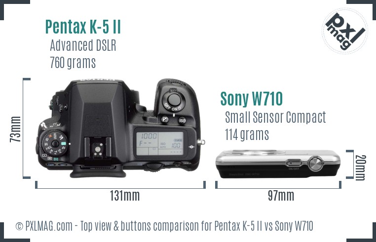 Pentax K-5 II vs Sony W710 top view buttons comparison