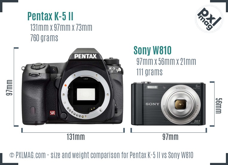 Pentax K-5 II vs Sony W810 size comparison