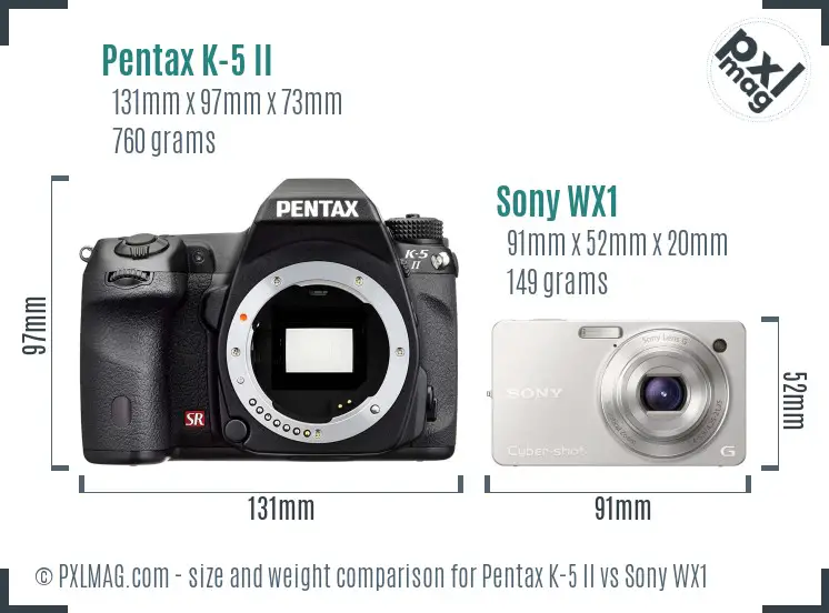 Pentax K-5 II vs Sony WX1 size comparison