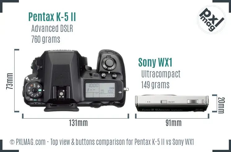 Pentax K-5 II vs Sony WX1 top view buttons comparison