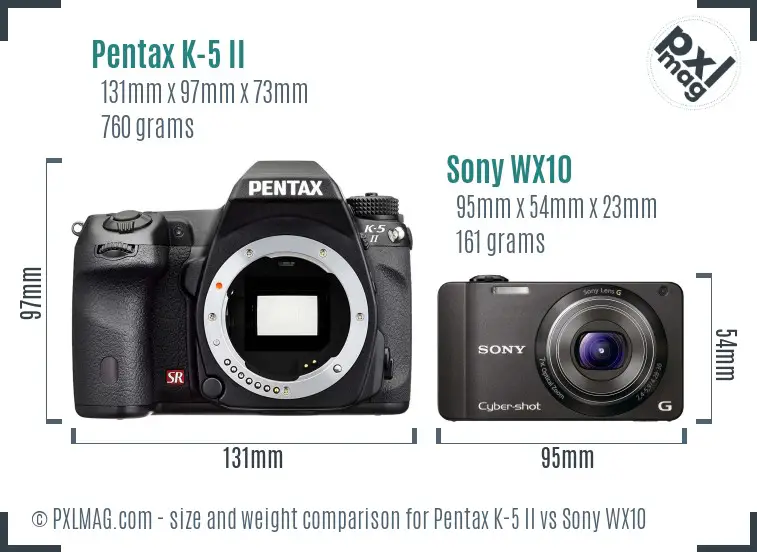 Pentax K-5 II vs Sony WX10 size comparison