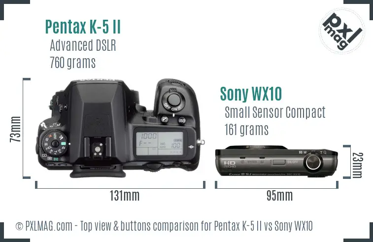 Pentax K-5 II vs Sony WX10 top view buttons comparison