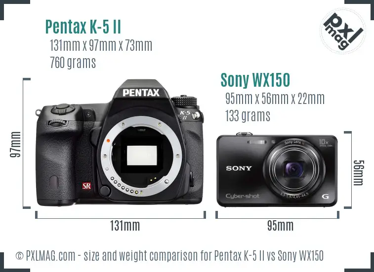 Pentax K-5 II vs Sony WX150 size comparison