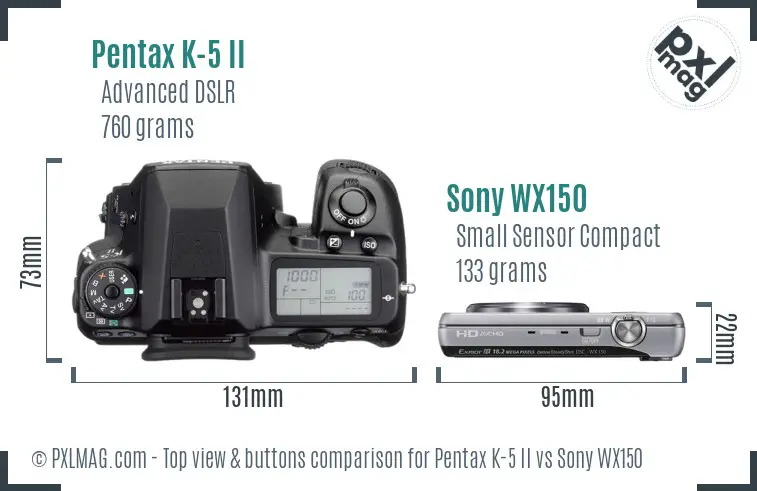 Pentax K-5 II vs Sony WX150 top view buttons comparison