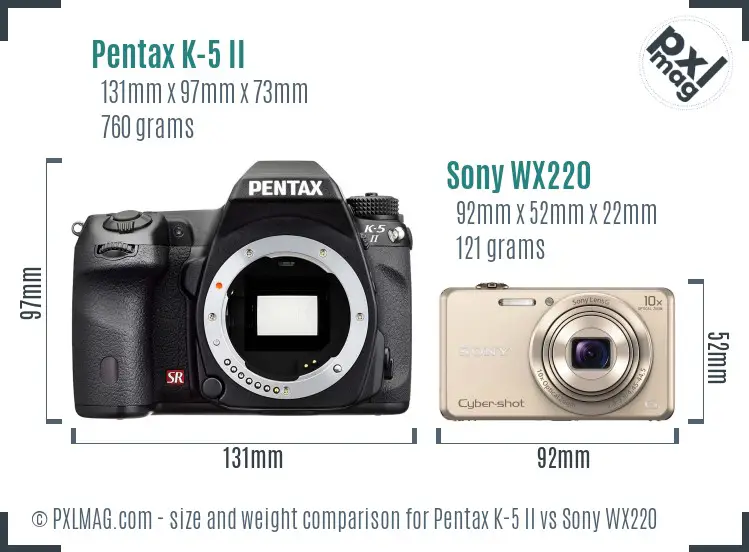 Pentax K-5 II vs Sony WX220 size comparison
