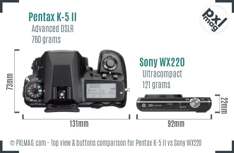 Pentax K-5 II vs Sony WX220 top view buttons comparison