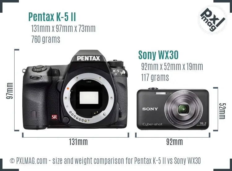 Pentax K-5 II vs Sony WX30 size comparison