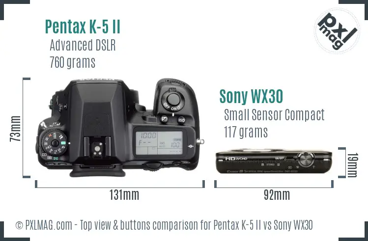 Pentax K-5 II vs Sony WX30 top view buttons comparison