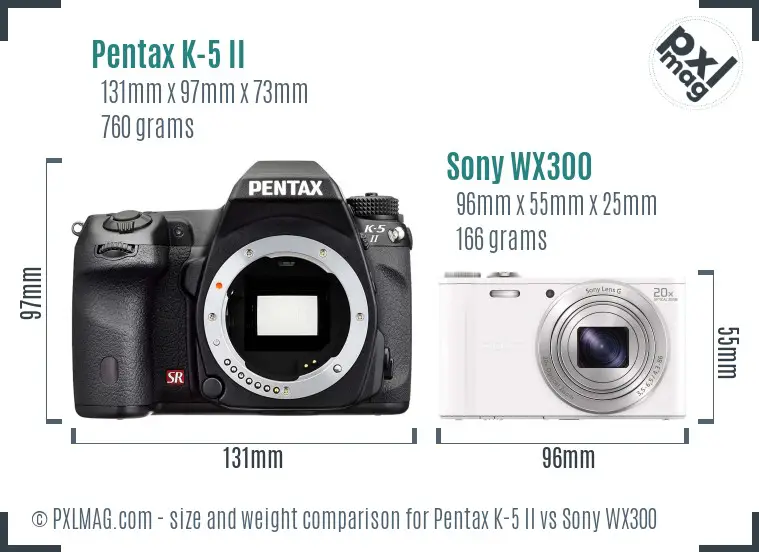 Pentax K-5 II vs Sony WX300 size comparison