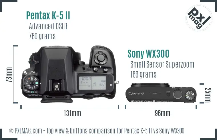 Pentax K-5 II vs Sony WX300 top view buttons comparison