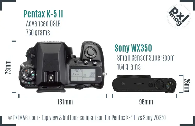 Pentax K-5 II vs Sony WX350 top view buttons comparison