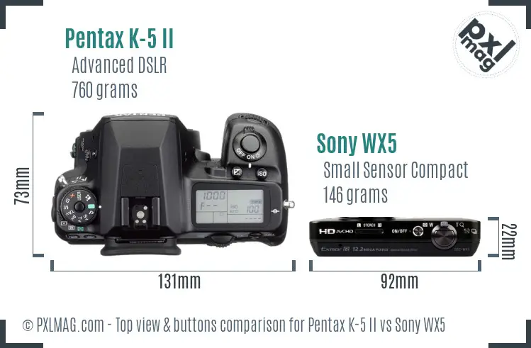 Pentax K-5 II vs Sony WX5 top view buttons comparison