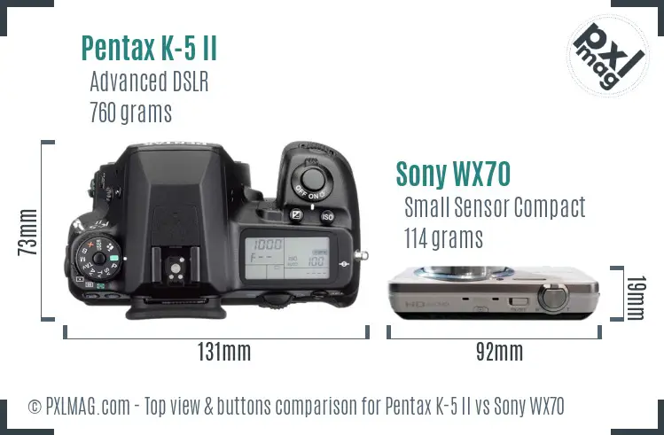 Pentax K-5 II vs Sony WX70 top view buttons comparison
