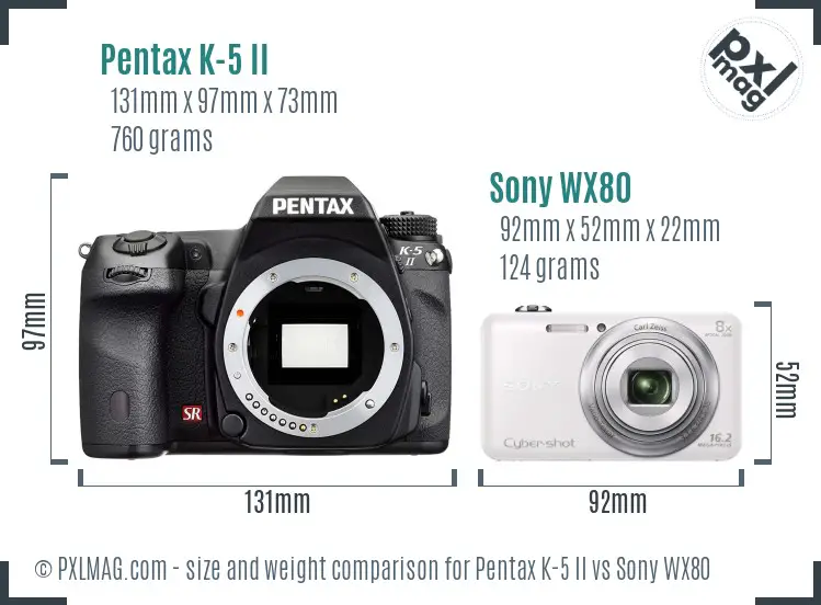 Pentax K-5 II vs Sony WX80 size comparison