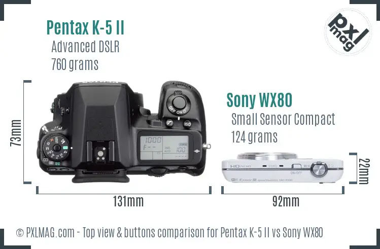 Pentax K-5 II vs Sony WX80 top view buttons comparison