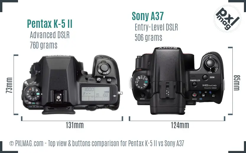 Pentax K-5 II vs Sony A37 top view buttons comparison