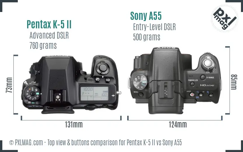 Pentax K-5 II vs Sony A55 top view buttons comparison Pentax K-5 II vs Sony A55 top view buttons comparison