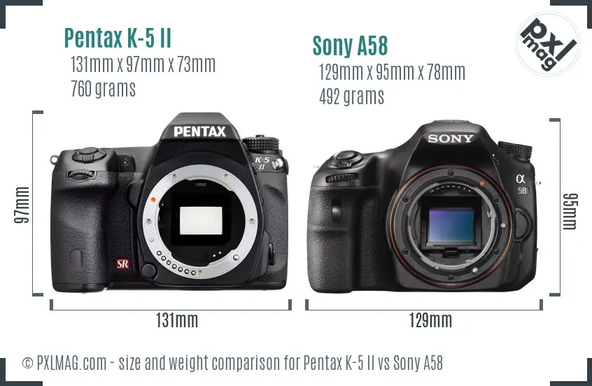 Pentax K-5 II vs Sony A58 size comparison