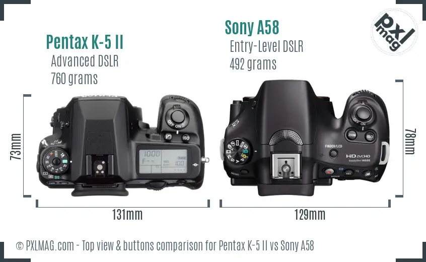 Pentax K-5 II vs Sony A58 top view buttons comparison