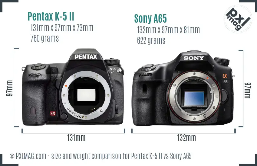 Pentax K-5 II vs Sony A65 size comparison