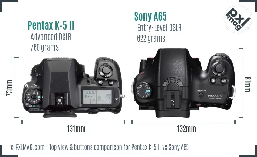 Pentax K-5 II vs Sony A65 top view buttons comparison