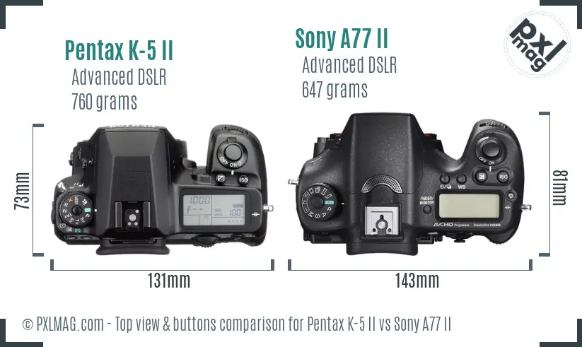 Pentax K-5 II vs Sony A77 II top view buttons comparison