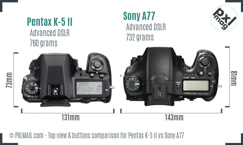 Pentax K-5 II vs Sony A77 top view buttons comparison