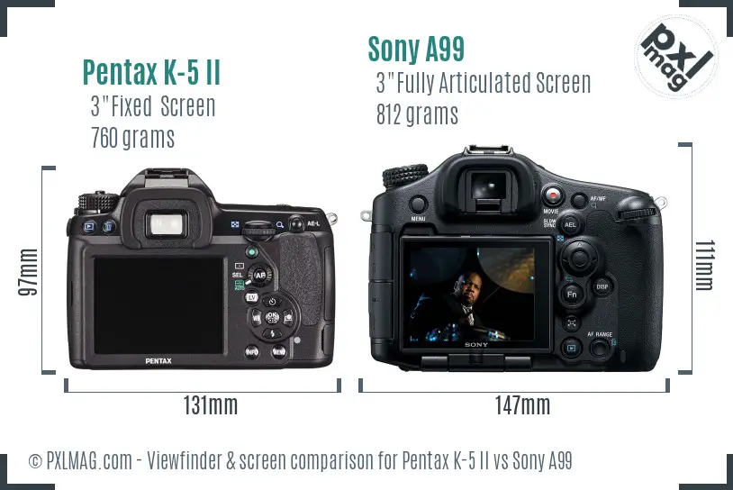 Pentax K-5 II vs Sony A99 Screen and Viewfinder comparison