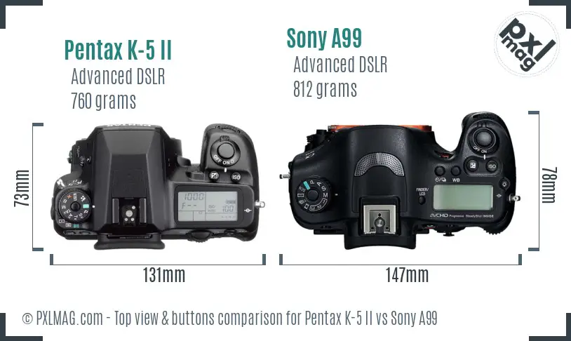 Pentax K-5 II vs Sony A99 top view buttons comparison