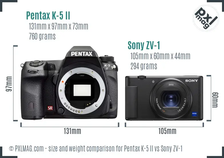 Pentax K-5 II vs Sony ZV-1 size comparison