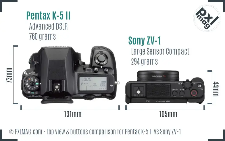 Pentax K-5 II vs Sony ZV-1 top view buttons comparison