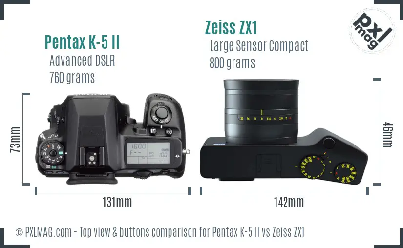 Pentax K-5 II vs Zeiss ZX1 top view buttons comparison