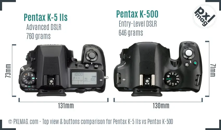 Pentax K-5 IIs vs Pentax K-500 top view buttons comparison