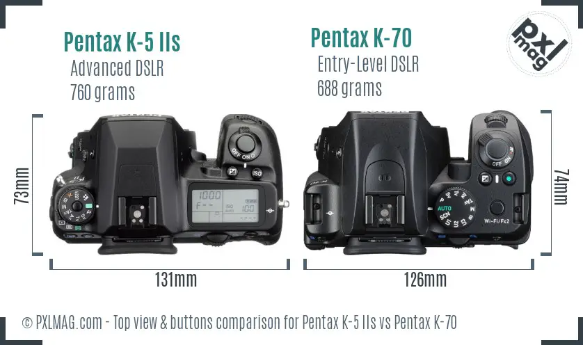 Pentax K-5 IIs vs Pentax K-70 top view buttons comparison