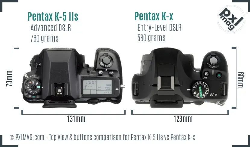 Pentax K-5 IIs vs Pentax K-x top view buttons comparison