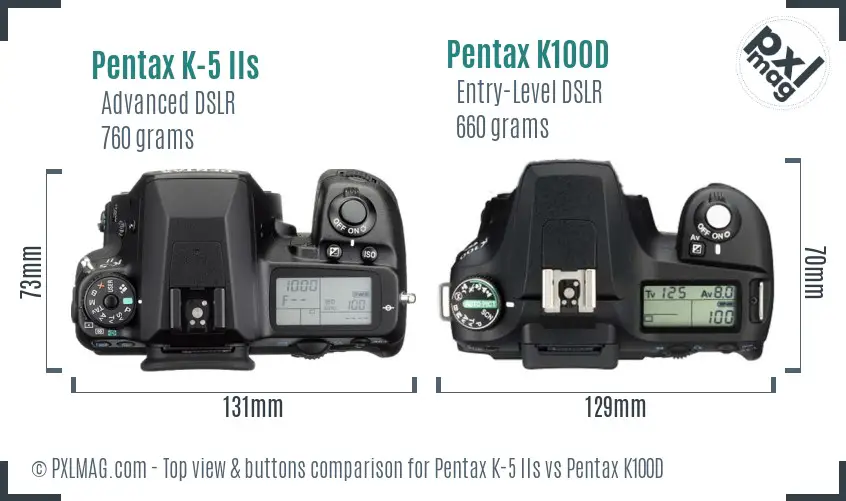 Pentax K-5 IIs vs Pentax K100D top view buttons comparison