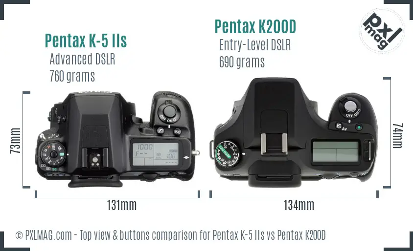 Pentax K-5 IIs vs Pentax K200D top view buttons comparison