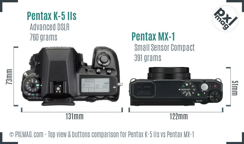 Pentax K-5 IIs vs Pentax MX-1 top view buttons comparison
