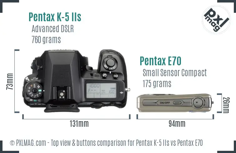 Pentax K-5 IIs vs Pentax E70 top view buttons comparison