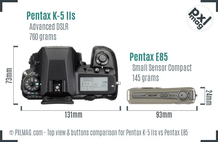 Pentax K-5 IIs vs Pentax E85 top view buttons comparison