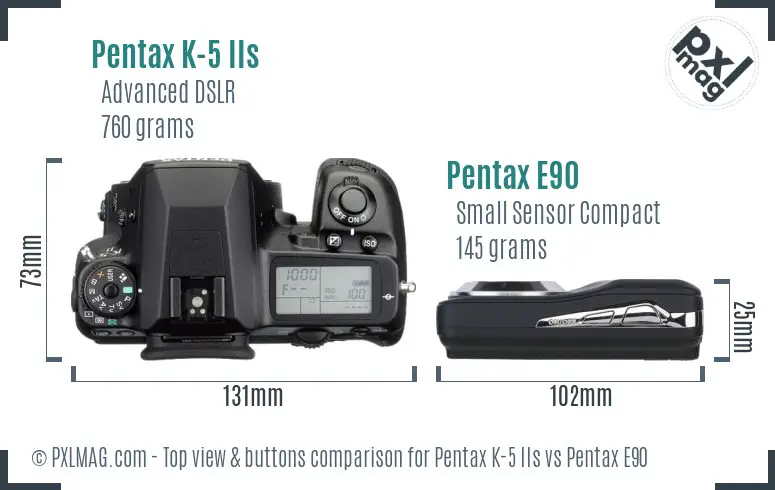 Pentax K-5 IIs vs Pentax E90 top view buttons comparison