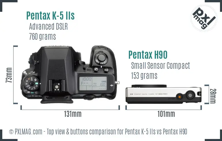 Pentax K-5 IIs vs Pentax H90 top view buttons comparison